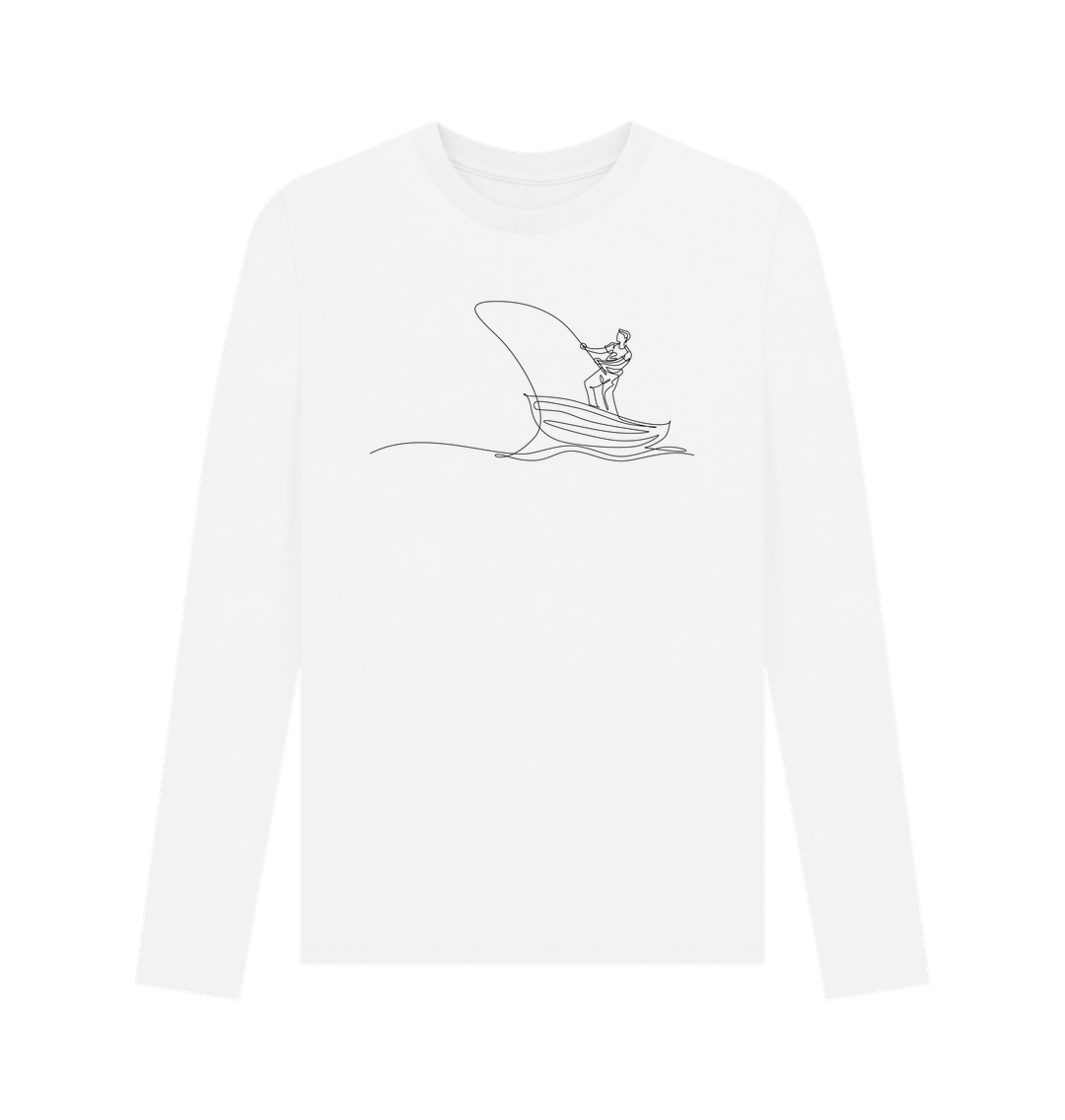 White Men's Fisherman Organic Cotton Long Sleeve Tee - Black Design