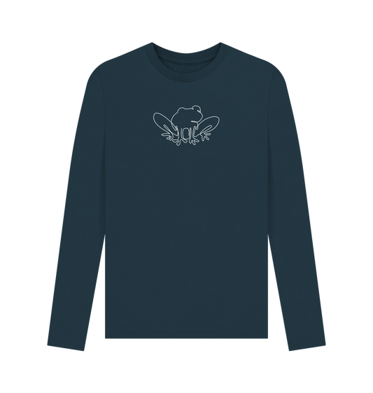 Denim Blue Men's Frog Organic Cotton Long Sleeve Tee (White)