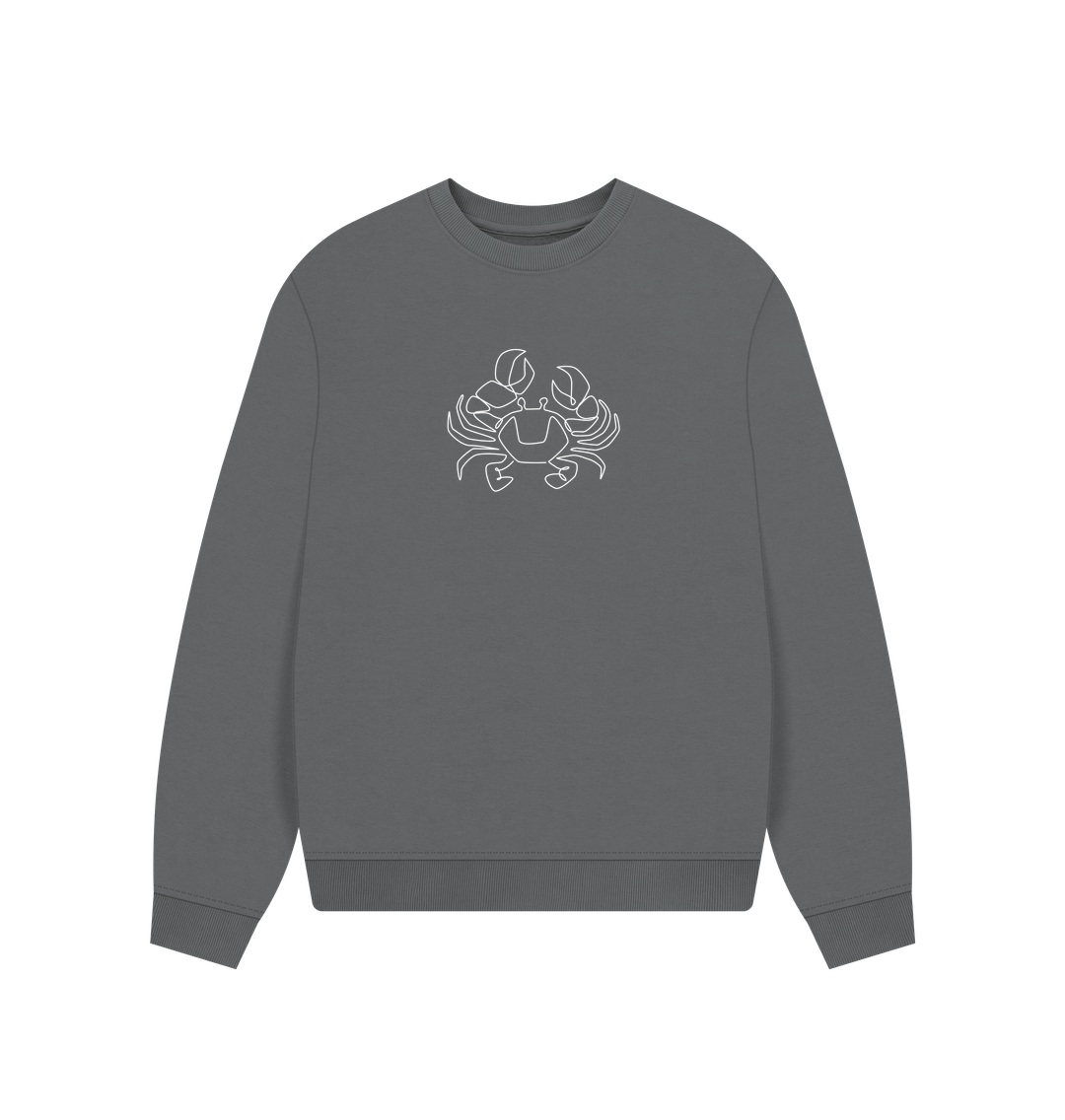 Slate Grey Women's Crab Organic Cotton Oversized Crewneck - White Design