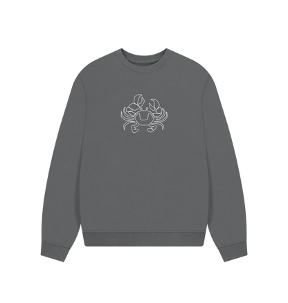 Slate Grey Women's Crab Organic Cotton Oversized Crewneck - White Design