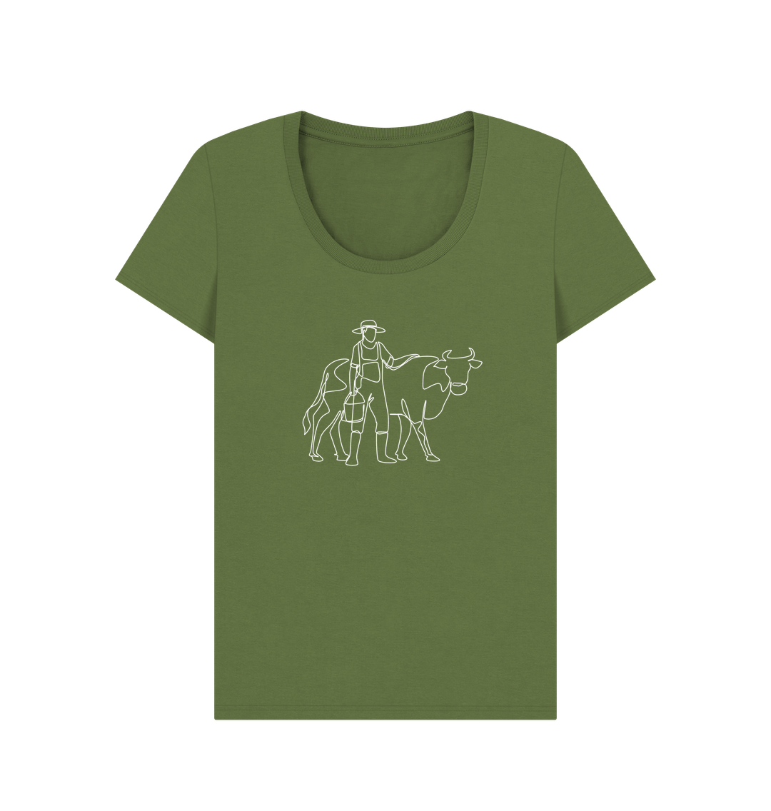 Khaki Women's Cow Organic Cotton Scoop Neck Tee (White)