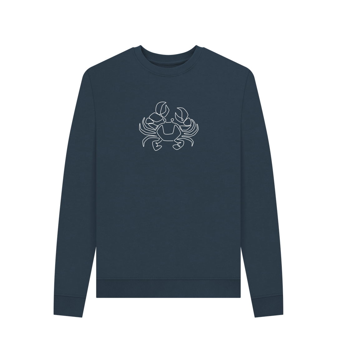 Navy Blue Women's Crab Organic Cotton Crewneck Sweater (White)