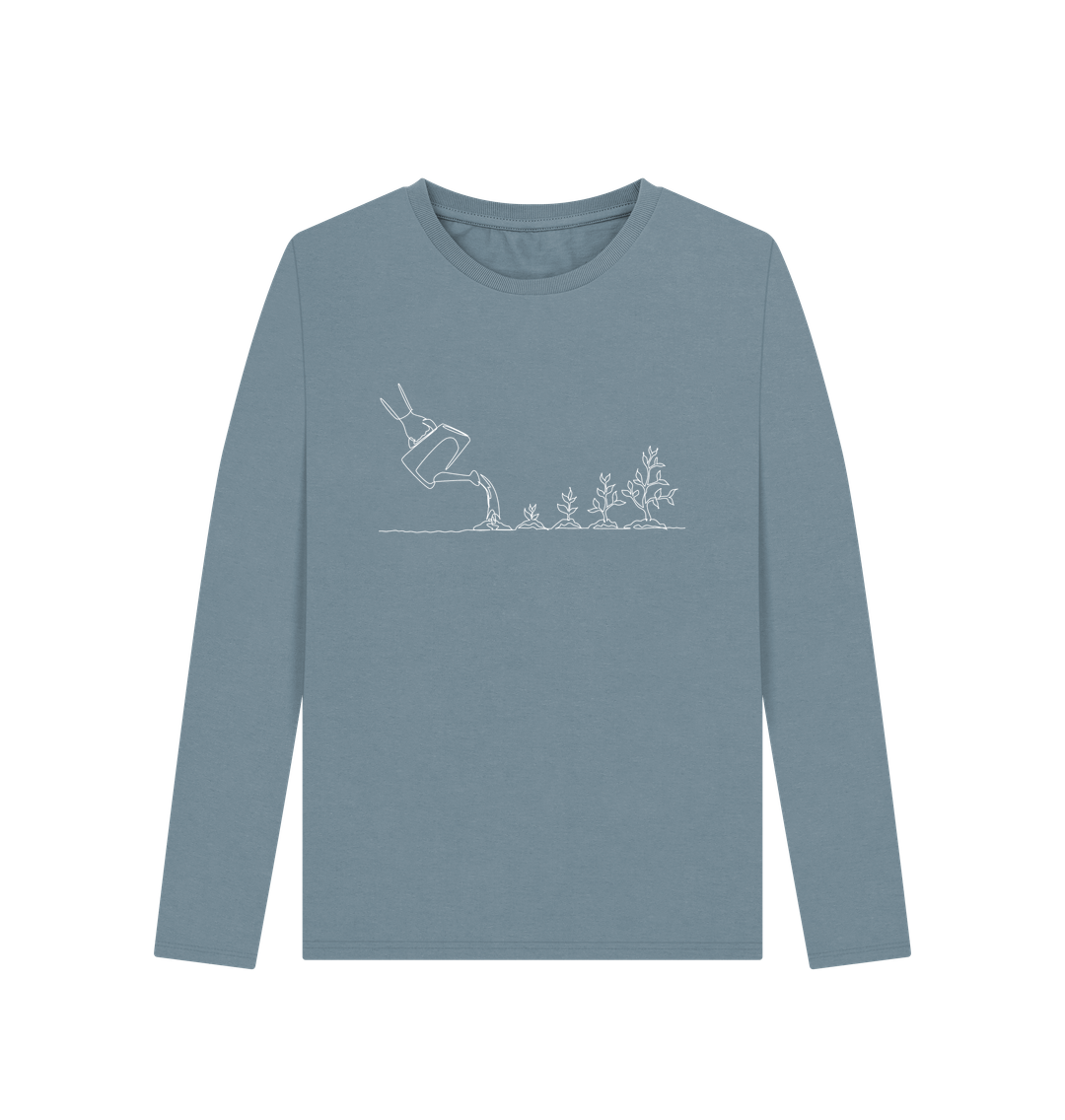 Stone Blue Women's Gardening Organic Cotton Long Sleeve Tee (White)