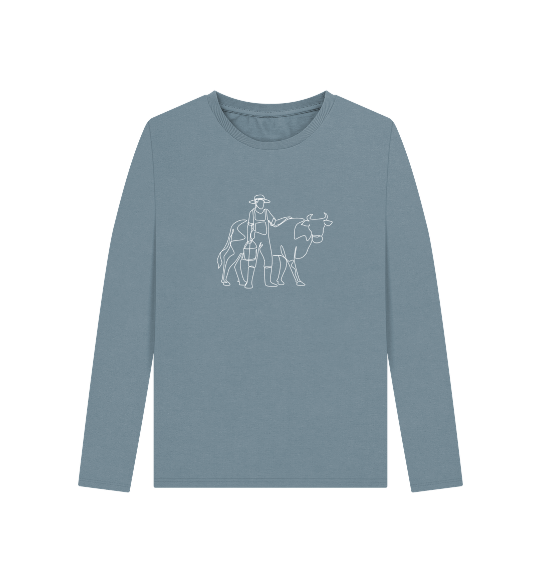 Stone Blue Women's Cow Organic Cotton Long Sleeve Tee (White)